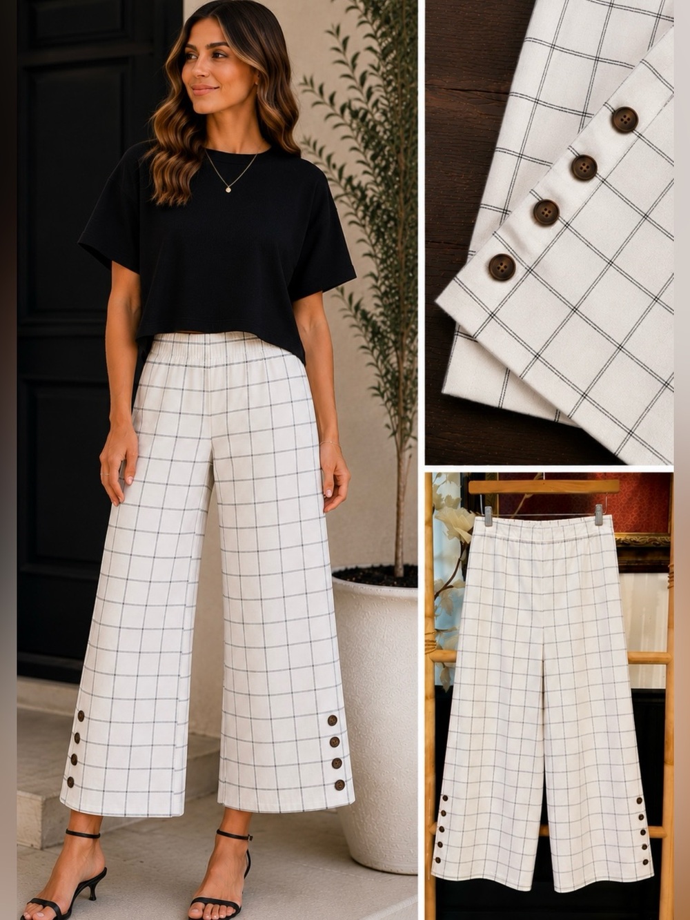 Skies Are Blue Windowpane Plaid Wide Leg Crop Pull On Pants Button Hem Sz S 💛🍄